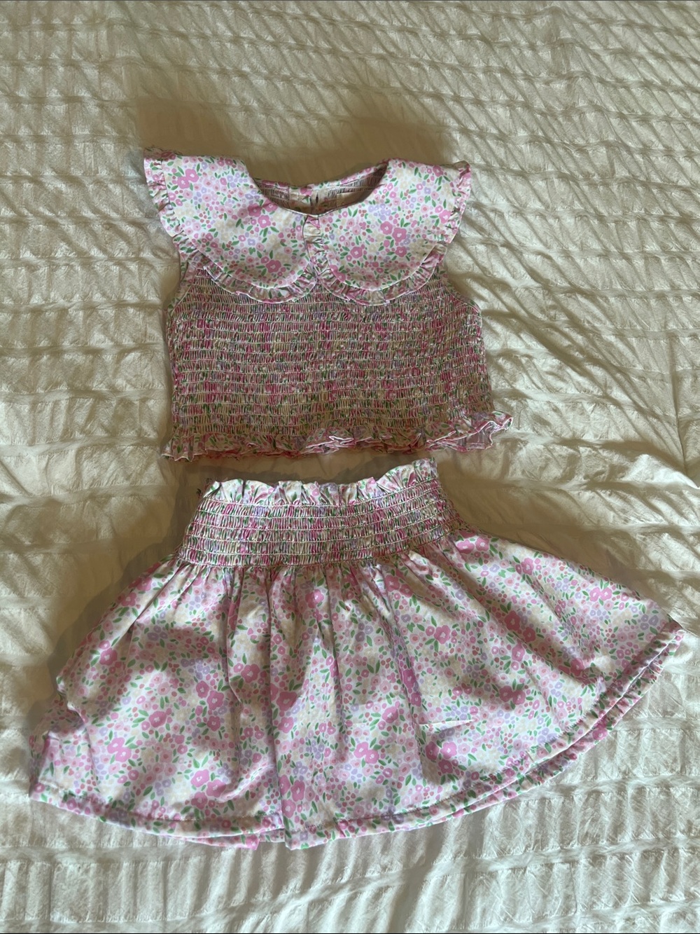 Girls Pink Floral Smocked Top & Skirt Set - Peter Pan Collar